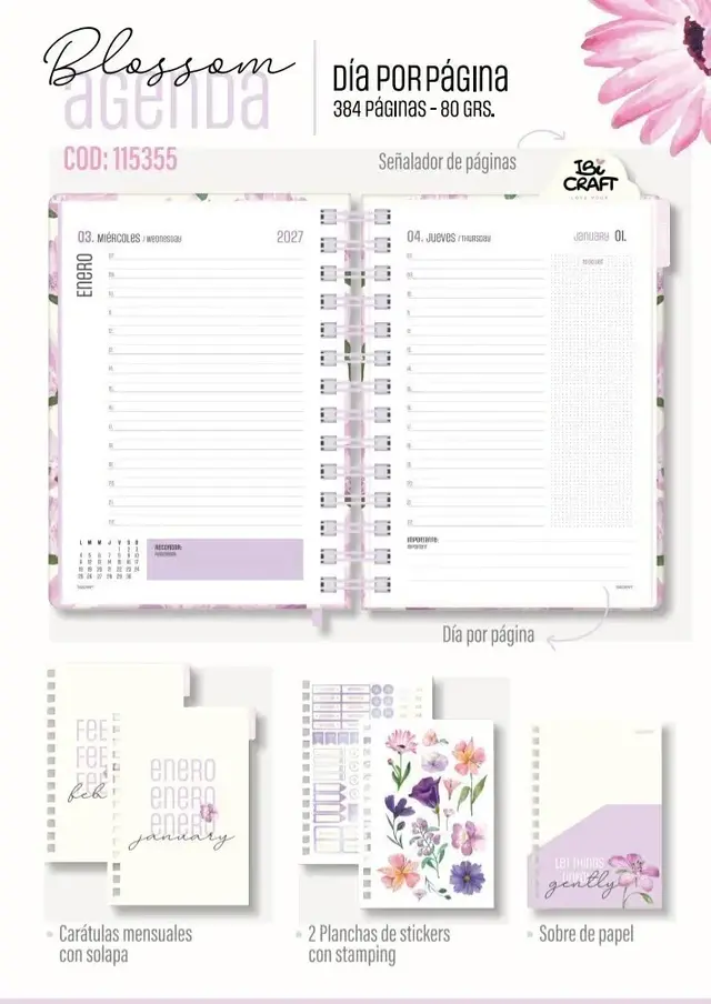 AGENDA IBICRAFT BLOSSOM DIA X HOJA CON ESPIRAL 14.5 X 21 CM.