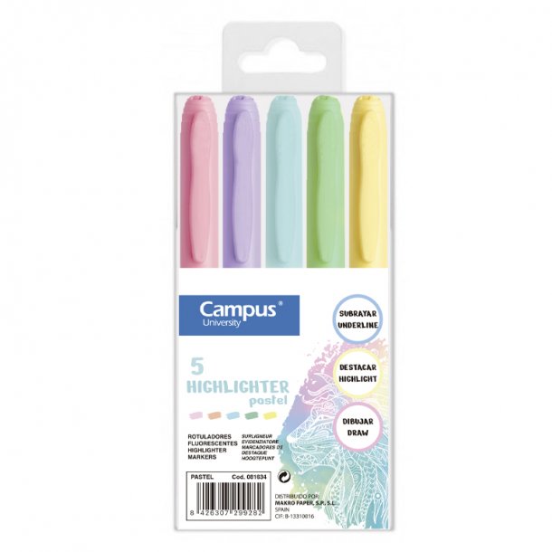 MARCADOR FLUO CAMPUS PASTEL TRAZO FINO X 5 COLORES