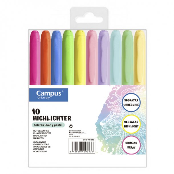 MARCADOR FLUO CAMPUS TRAZO FINO X 10 COLORES