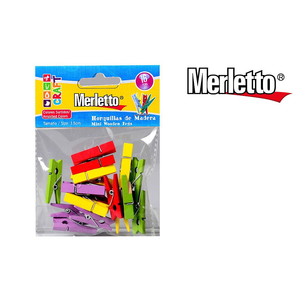 PALILLOS DE MADERA MERLETTO COLOR 3.5CM. X 16 UNID.
